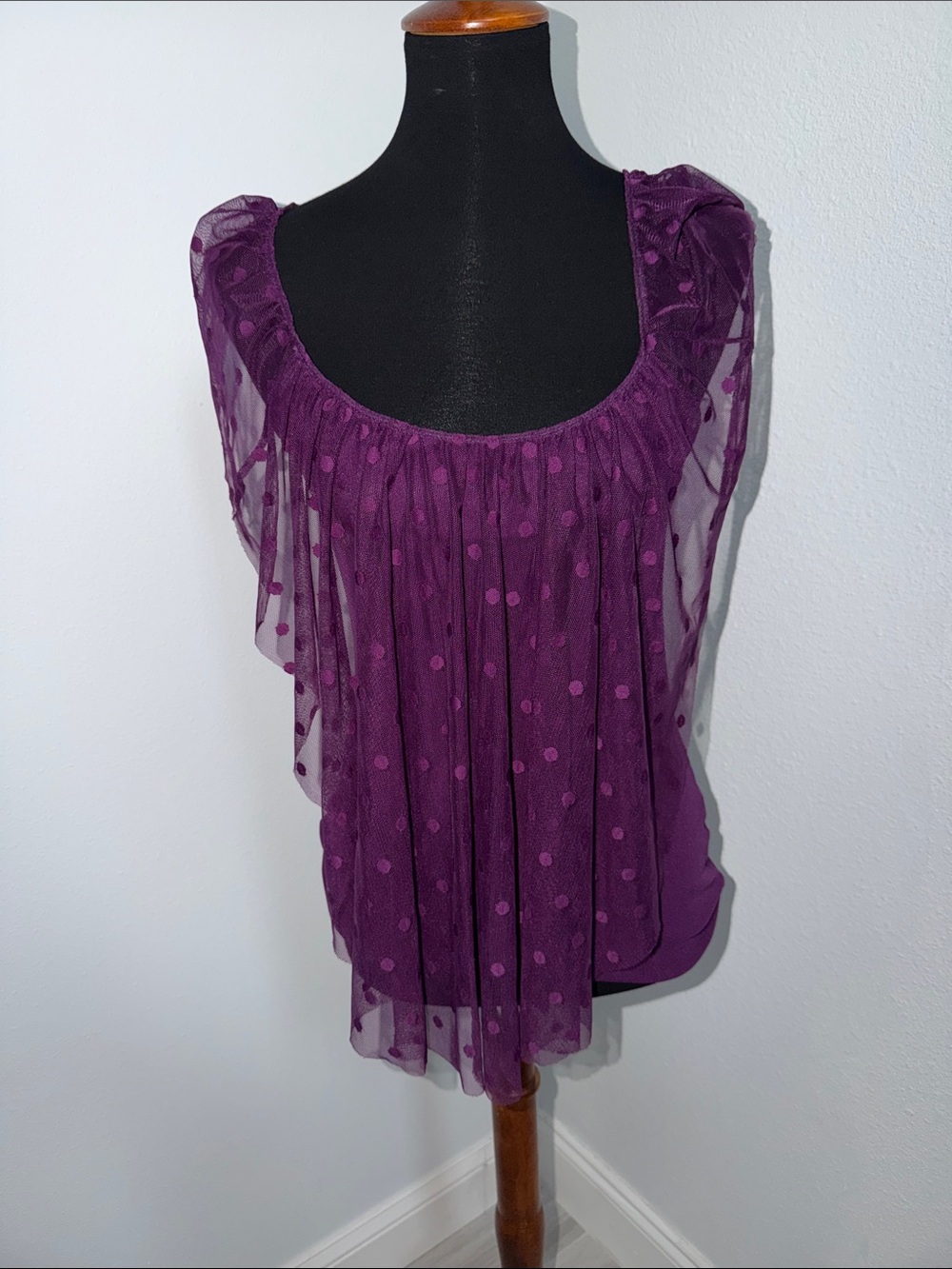 3 for $30 New York & Company Deep Purple Sheer Polka Dot Scoop Neck Top large